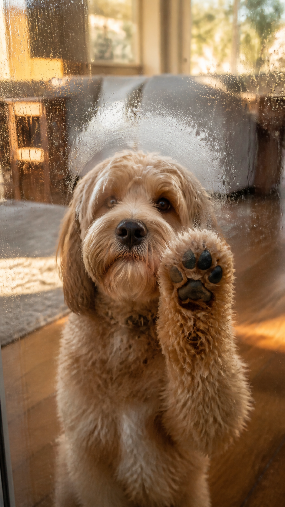 Animal touching transparent glass with breath mist in a fixed-lens scene