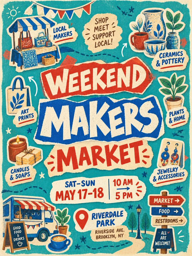 Handmade weekend makers market poster with torn-paper lettering and illustrated product badges