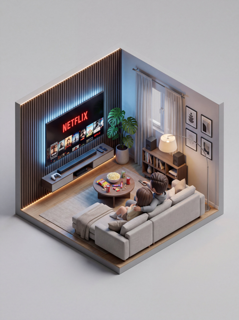 Isometric cube-shaped miniature living room with figurines watching a screen