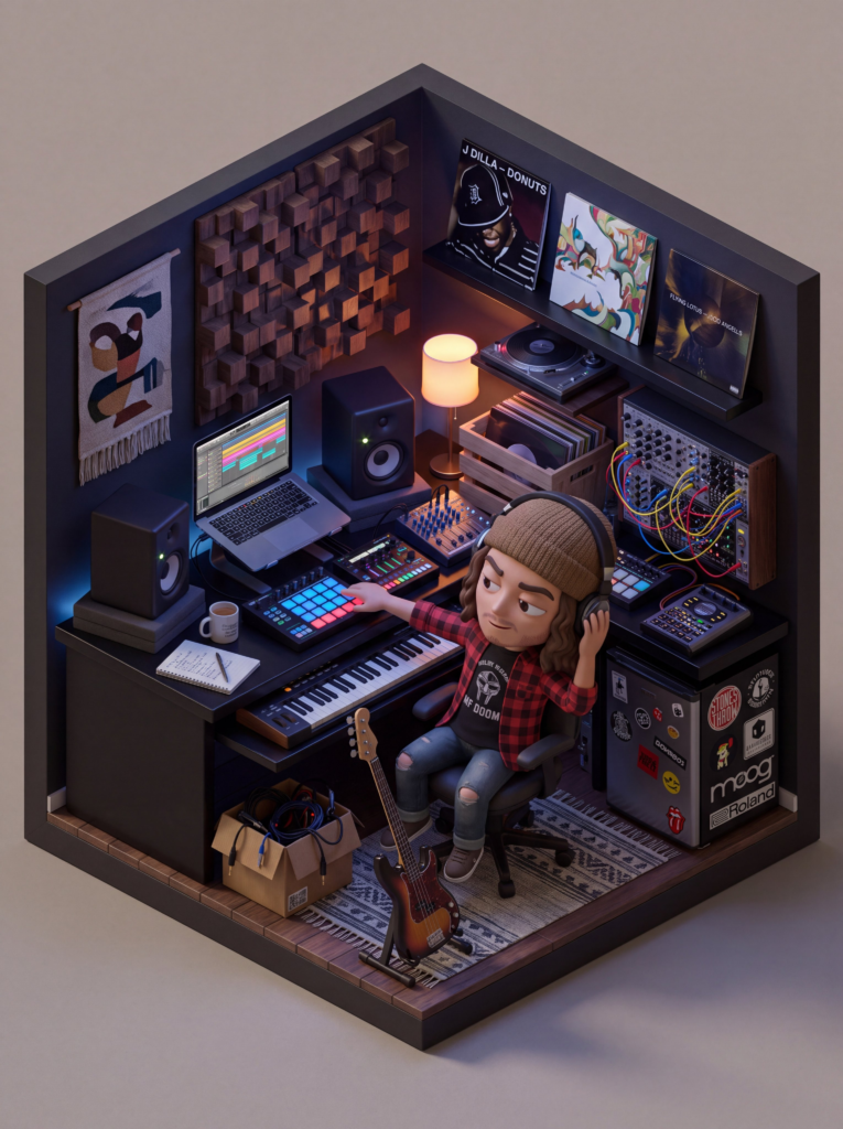 Dark isometric cube-shaped miniature music studio with a figurine producer