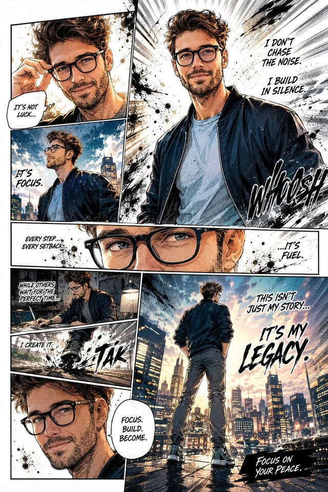 Full-color manga page featuring a bespectacled man across dynamic city panels with dialogue and ink effects