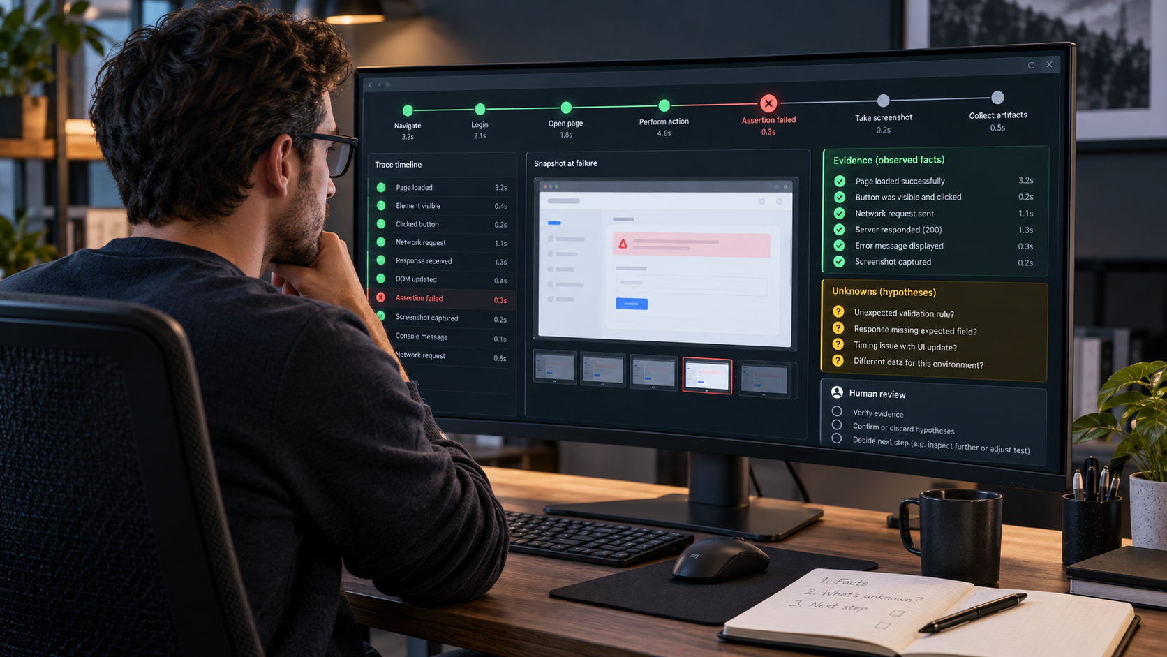 QA engineer reviewing a failed browser test trace while separating observed evidence from unknown hypotheses