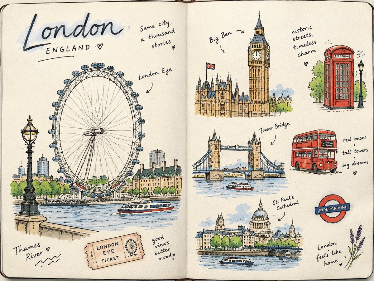 Hand-drawn London travel journal spread with the London Eye, Big Ben, Tower Bridge, red bus, and ink-and-watercolor details