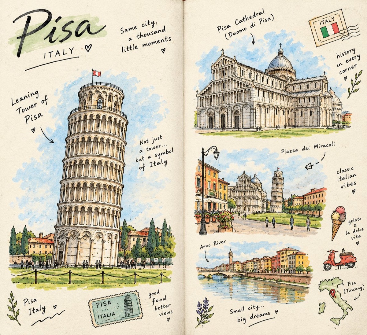 Hand-drawn Pisa travel journal spread with the Leaning Tower, cathedral, Arno River, labels, and watercolor accents